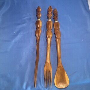 Vintage Wood Carved African Tribal Salad Utensils Serving‎ Set Spoon Knife Fork